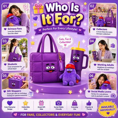 McDonald’s Grimace Exclusive Merch | Tumbler | Plush | Puffer Bag
