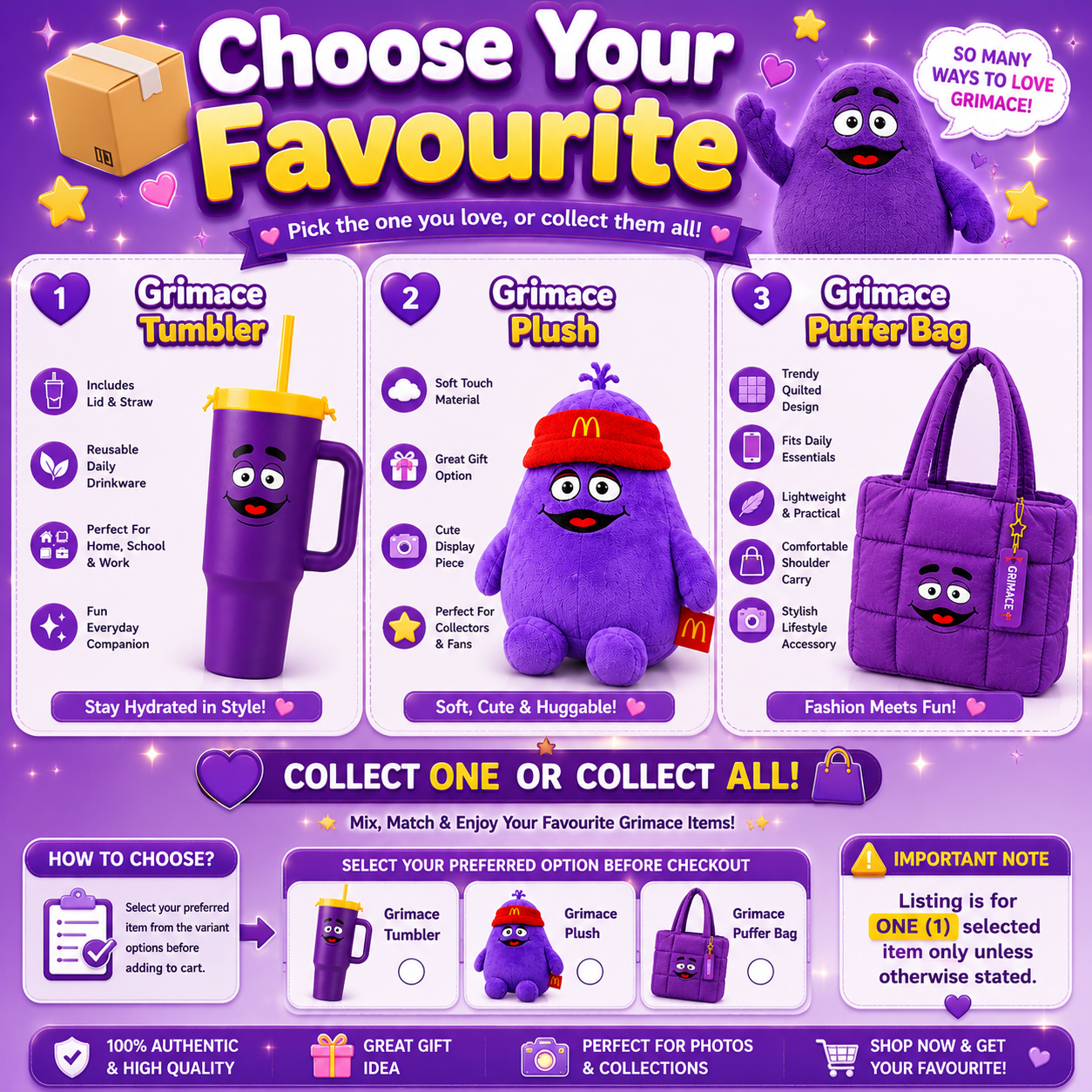 McDonald’s Grimace Exclusive Merch | Tumbler | Plush | Puffer Bag