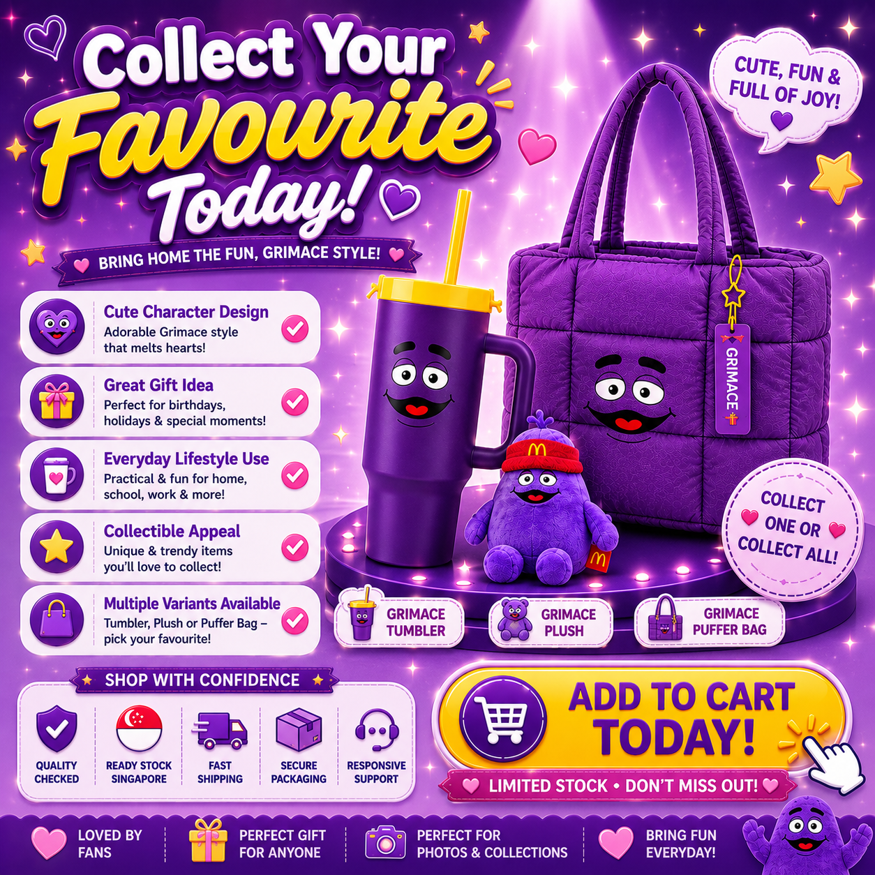McDonald’s Grimace Exclusive Merch | Tumbler | Plush | Puffer Bag