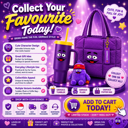 McDonald’s Grimace Exclusive Merch | Tumbler | Plush | Puffer Bag