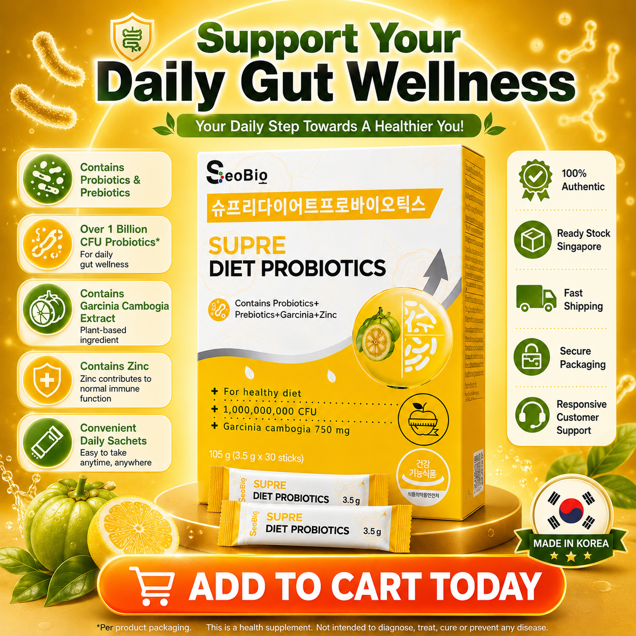 SeoBio Supre Diet Probiotics 30s | Probiotics + Prebiotics + Garcinia Cambogia + Zinc