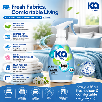 KA Fabric Spray Anti-Dust Mite 320ml | Plant-Based Fabric Freshener | Light Refreshing Fragrance | Multi-Purpose Fabric Care