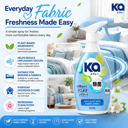 KA Fabric Spray Anti-Dust Mite 320ml | Plant-Based Fabric Freshener | Light Refreshing Fragrance | Multi-Purpose Fabric Care