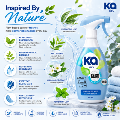 KA Fabric Spray Anti-Dust Mite 320ml | Plant-Based Fabric Freshener | Light Refreshing Fragrance | Multi-Purpose Fabric Care