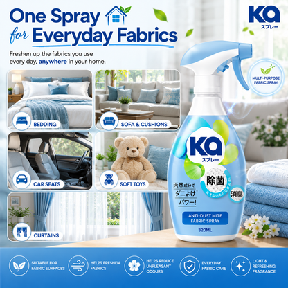 KA Fabric Spray Anti-Dust Mite 320ml | Plant-Based Fabric Freshener | Light Refreshing Fragrance | Multi-Purpose Fabric Care