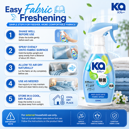KA Fabric Spray Anti-Dust Mite 320ml | Plant-Based Fabric Freshener | Light Refreshing Fragrance | Multi-Purpose Fabric Care