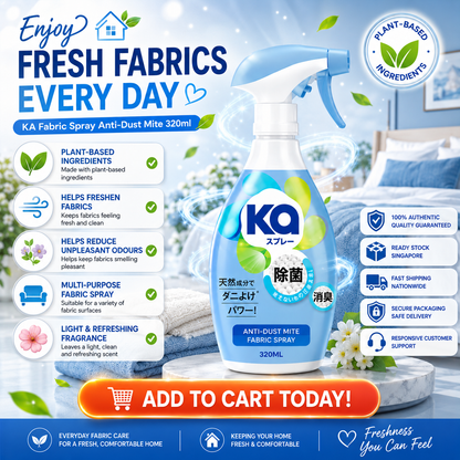 KA Fabric Spray Anti-Dust Mite 320ml | Plant-Based Fabric Freshener | Light Refreshing Fragrance | Multi-Purpose Fabric Care