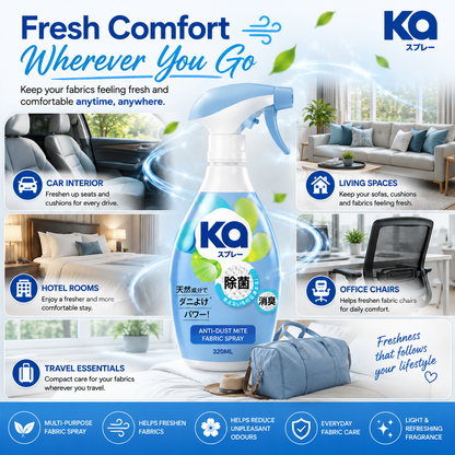 KA Fabric Spray Anti-Dust Mite 320ml | Plant-Based Fabric Freshener | Light Refreshing Fragrance | Multi-Purpose Fabric Care