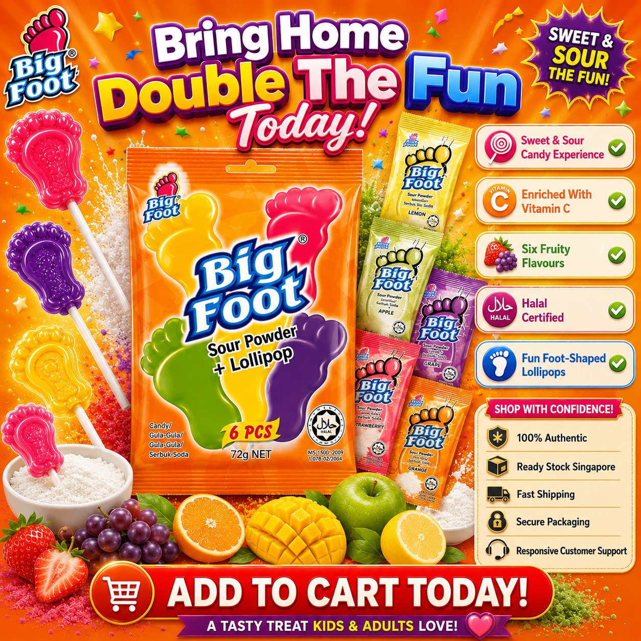 Big Foot Sour Powder + Lollipop 72g (6pcs) – Sweet & Sour Candy Fun | Assorted Fruity Flavours | Enriched with Vitamin C