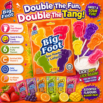 Big Foot Sour Powder + Lollipop 72g (6pcs) – Sweet & Sour Candy Fun | Assorted Fruity Flavours | Enriched with Vitamin C