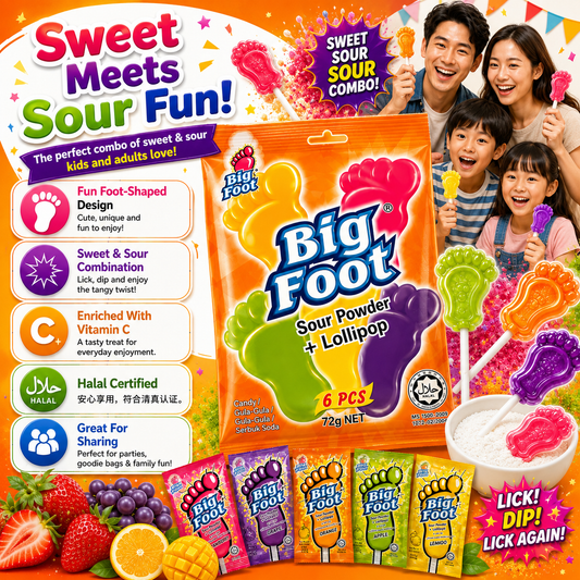 Big Foot Sour Powder + Lollipop 72g (6pcs) – Sweet & Sour Candy Fun | Assorted Fruity Flavours | Enriched with Vitamin C