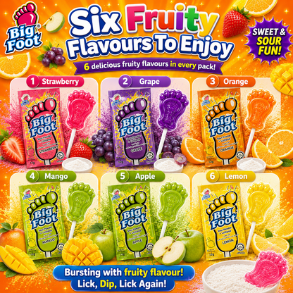 Big Foot Sour Powder + Lollipop 72g (6pcs) – Sweet & Sour Candy Fun | Assorted Fruity Flavours | Enriched with Vitamin C