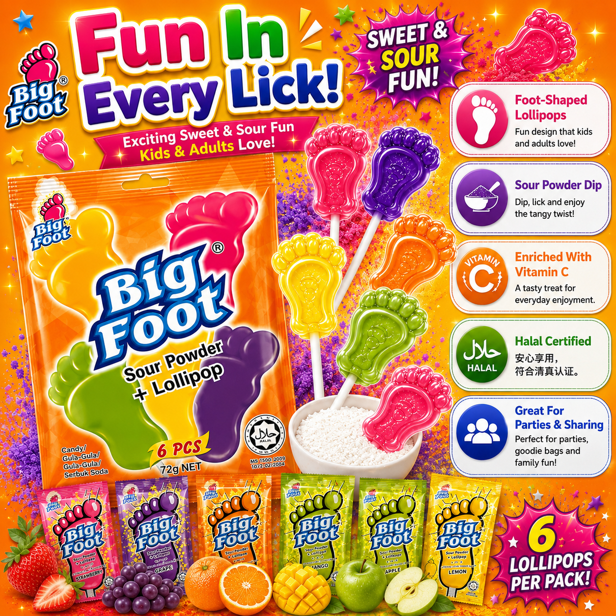 Big Foot Sour Powder + Lollipop 72g (6pcs) – Sweet & Sour Candy Fun | Assorted Fruity Flavours | Enriched with Vitamin C