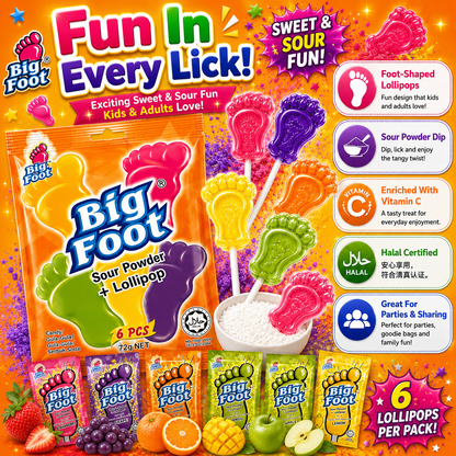 Big Foot Sour Powder + Lollipop 72g (6pcs) – Sweet & Sour Candy Fun | Assorted Fruity Flavours | Enriched with Vitamin C