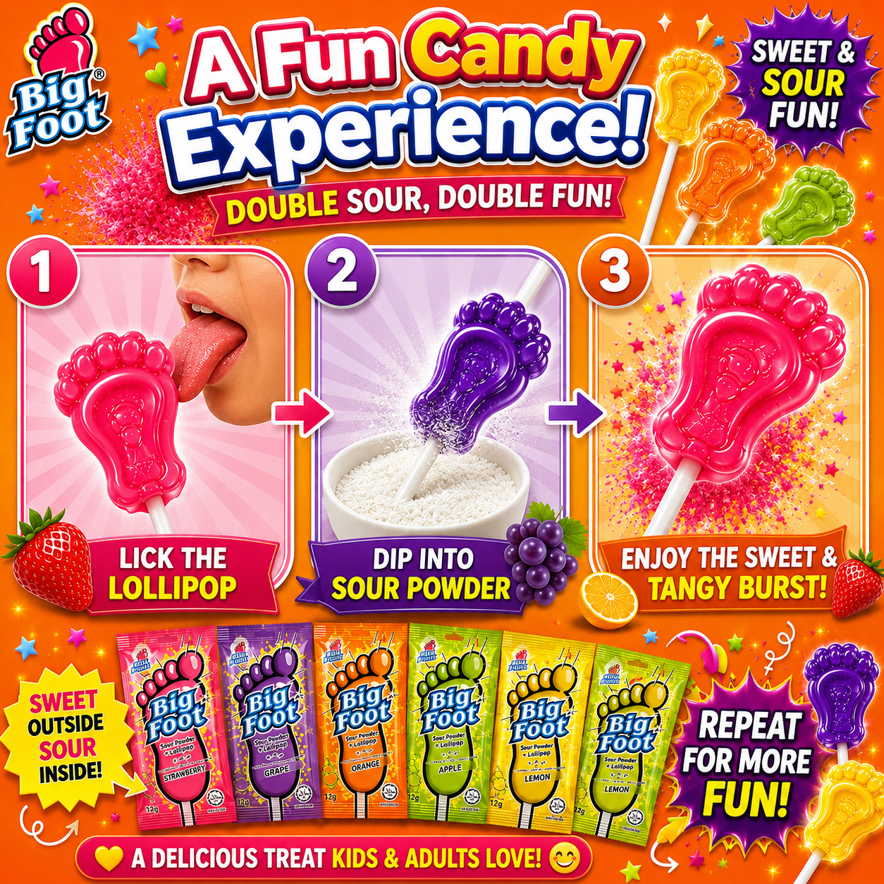 Big Foot Sour Powder + Lollipop 72g (6pcs) – Sweet & Sour Candy Fun | Assorted Fruity Flavours | Enriched with Vitamin C