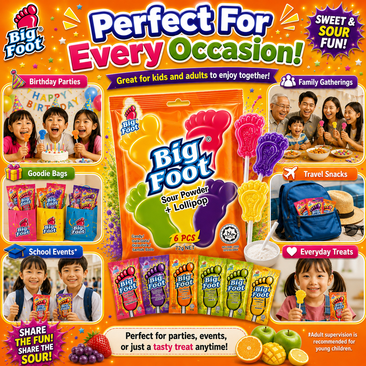 Big Foot Sour Powder + Lollipop 72g (6pcs) – Sweet & Sour Candy Fun | Assorted Fruity Flavours | Enriched with Vitamin C