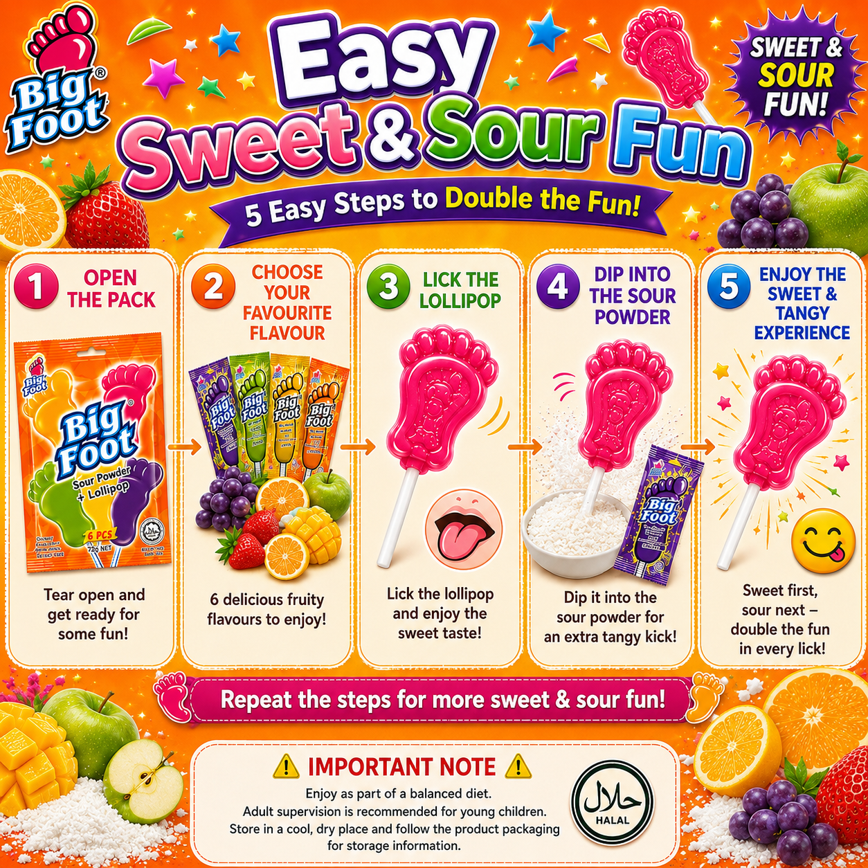 Big Foot Sour Powder + Lollipop 72g (6pcs) – Sweet & Sour Candy Fun | Assorted Fruity Flavours | Enriched with Vitamin C