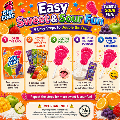 Big Foot Sour Powder + Lollipop 72g (6pcs) – Sweet & Sour Candy Fun | Assorted Fruity Flavours | Enriched with Vitamin C
