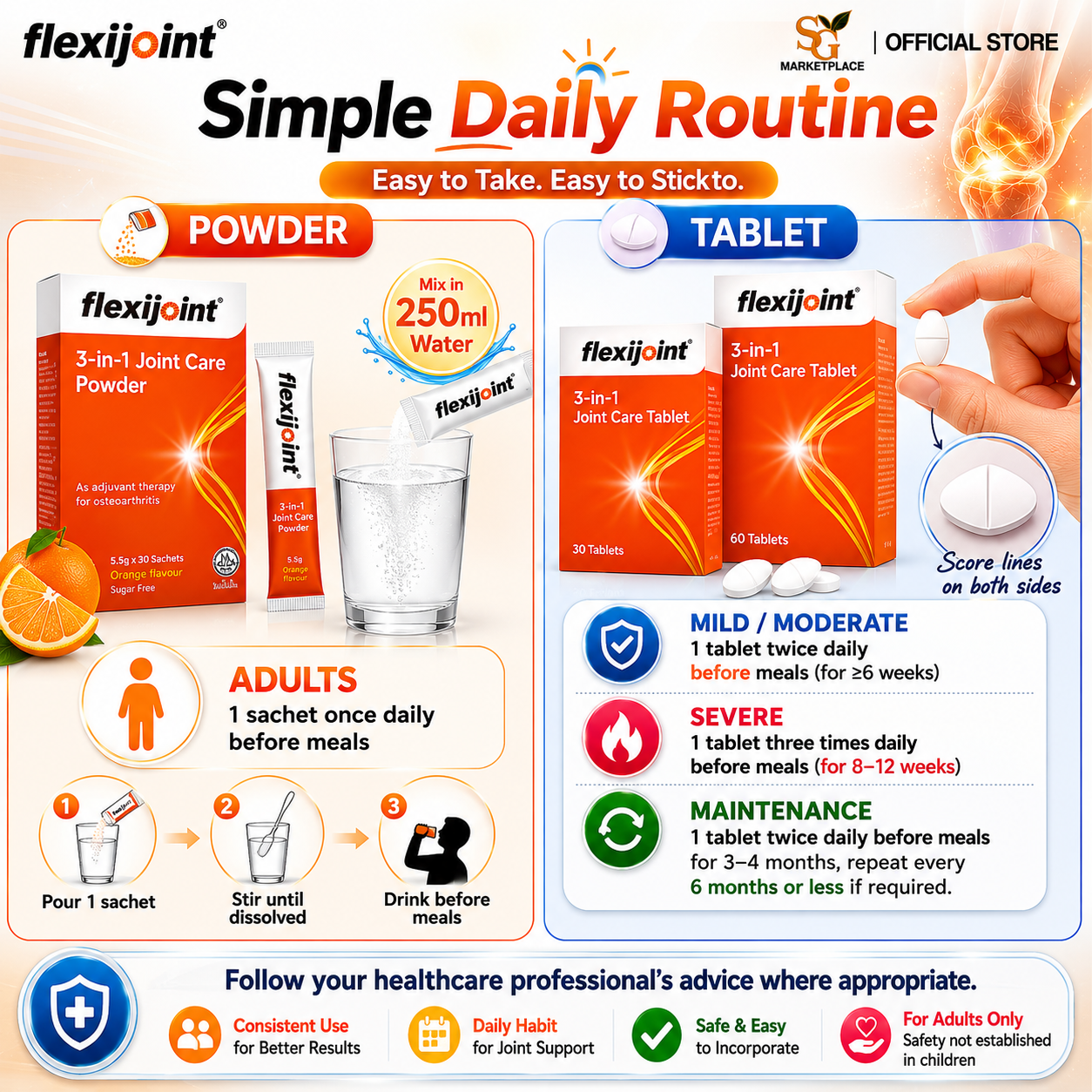 Flexijoint 3-in-1 Joint Care Powder / Tablets | Glucosamine + Chondroitin + MSM