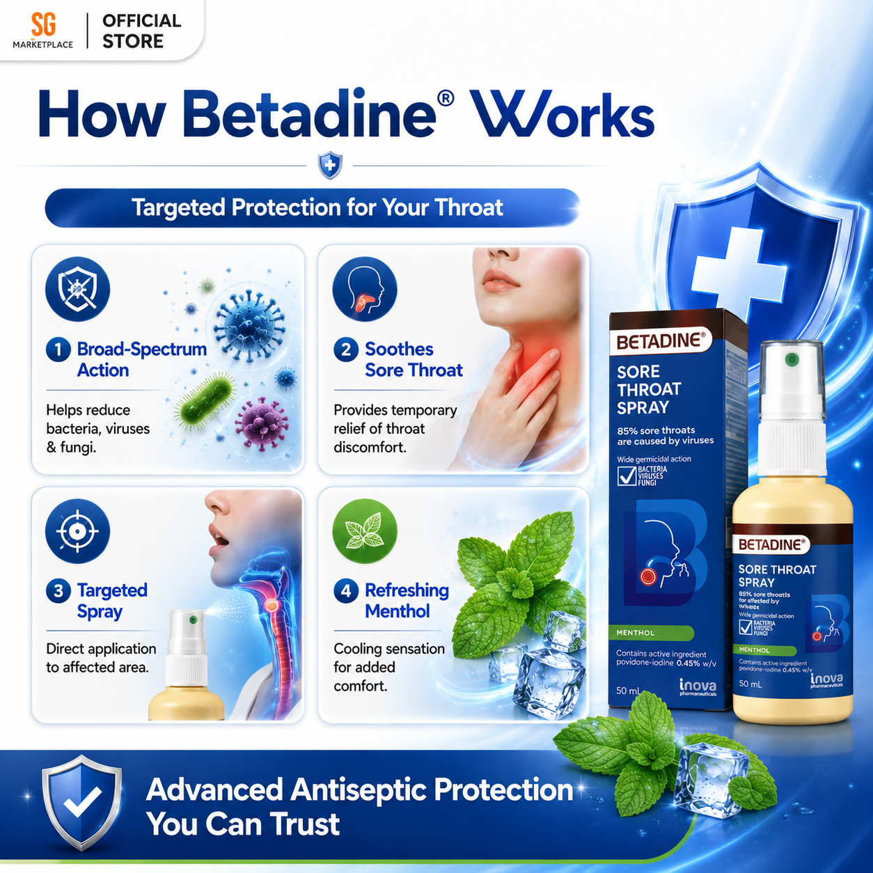 BETADINE® Sore Throat Spray 50mL | Kills Germs, Relieves Sore Throat Fast