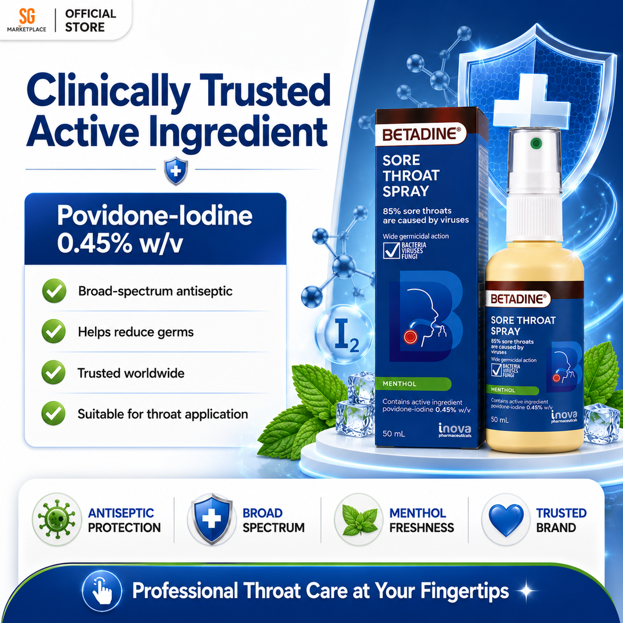 BETADINE® Sore Throat Spray 50mL | Kills Germs, Relieves Sore Throat Fast