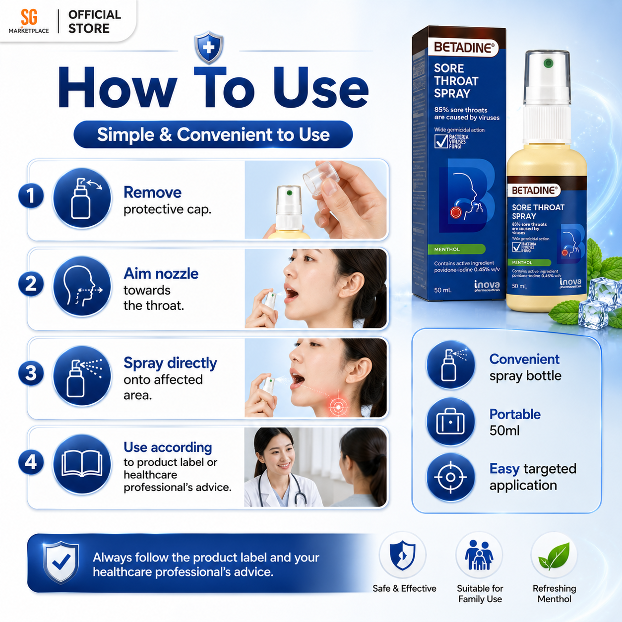 BETADINE® Sore Throat Spray 50mL | Kills Germs, Relieves Sore Throat Fast