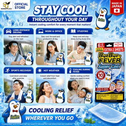 Bye Bye Fever Super Cool Cooling Gel Sheet 6 Sheets + 2 Sheets | Instant Cooling Relief – Made in Japan