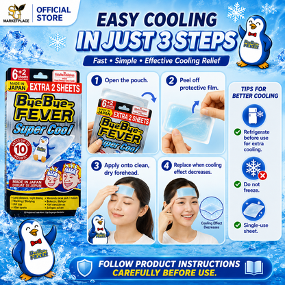 Bye Bye Fever Super Cool Cooling Gel Sheet 6 Sheets + 2 Sheets | Instant Cooling Relief – Made in Japan