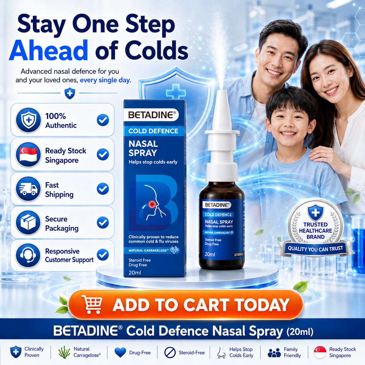 BETADINE Cold Defence Nasal Spray 20ml | Natural Carragelose® | Drug-Free | Steroid-Free