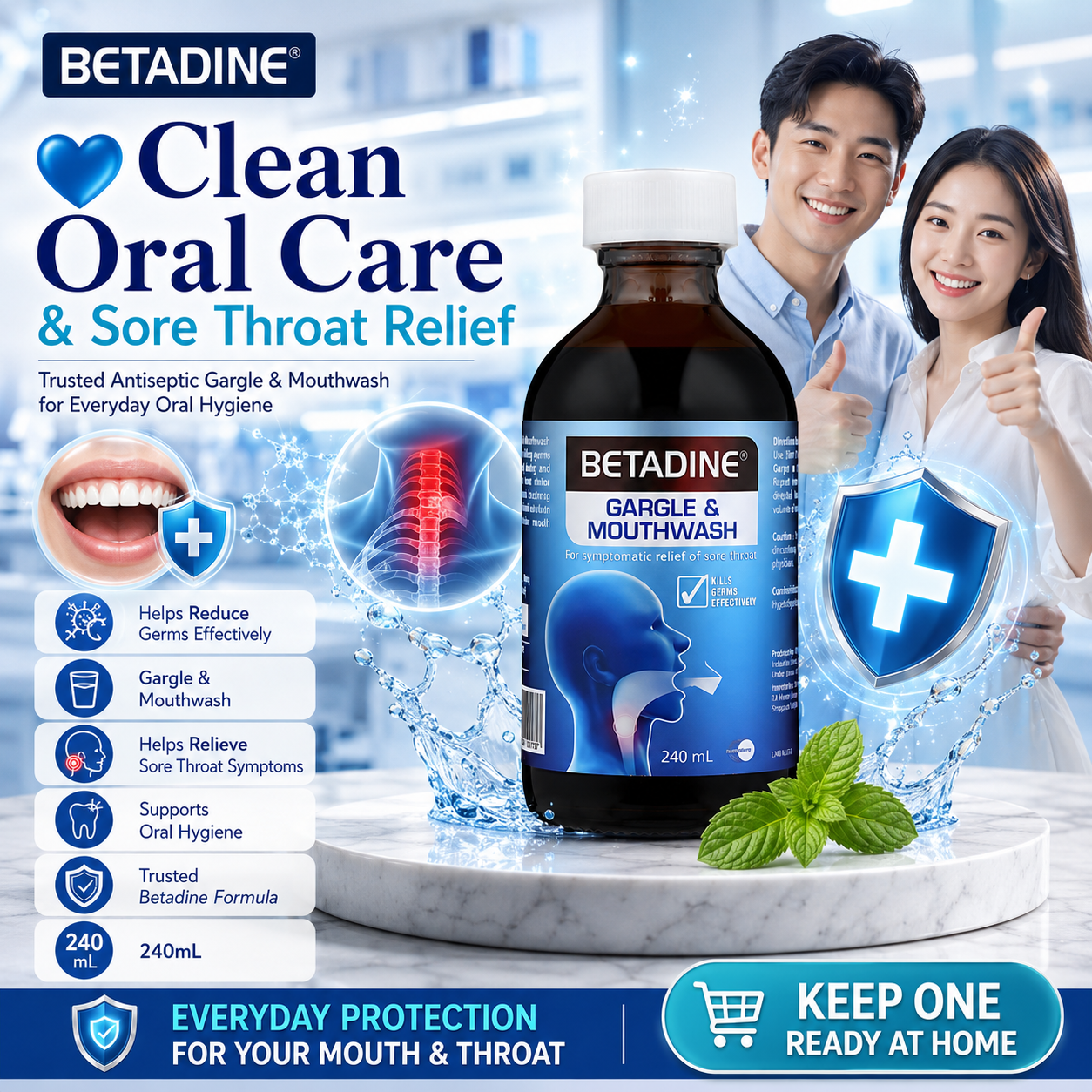 Betadine Gargle & Mouthwash 240ml | Antiseptic Oral Rinse | Helps Relieve Sore Throat | Kills Germs Effectively