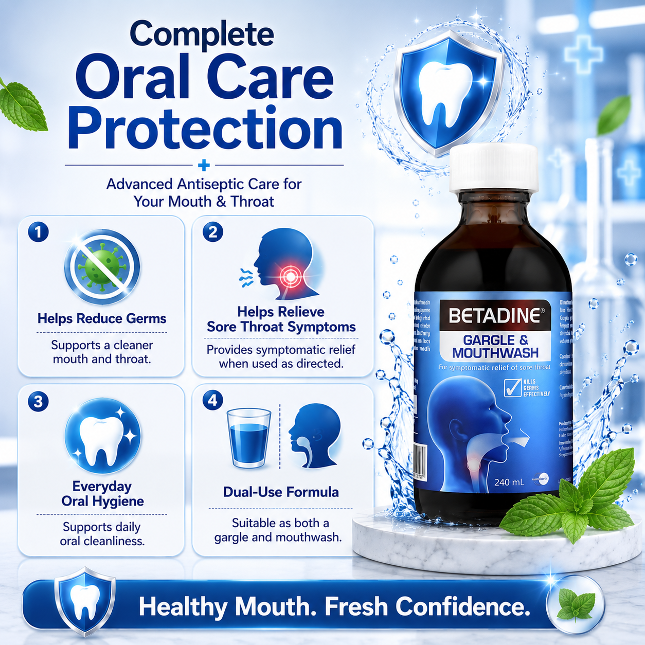 Betadine Gargle & Mouthwash 240ml | Antiseptic Oral Rinse | Helps Relieve Sore Throat | Kills Germs Effectively