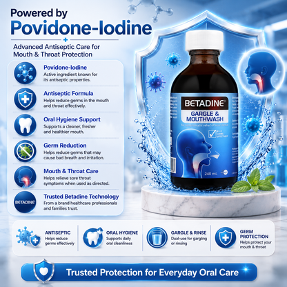 Betadine Gargle & Mouthwash 240ml | Antiseptic Oral Rinse | Helps Relieve Sore Throat | Kills Germs Effectively