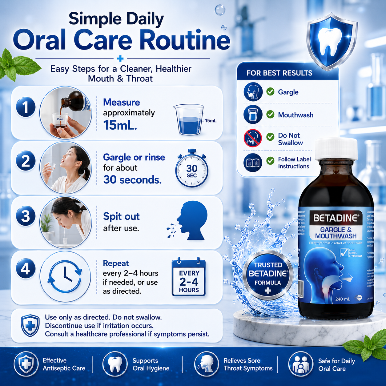 Betadine Gargle & Mouthwash 240ml | Antiseptic Oral Rinse | Helps Relieve Sore Throat | Kills Germs Effectively