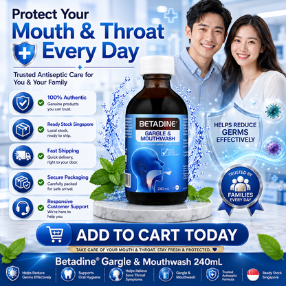 Betadine Gargle & Mouthwash 240ml | Antiseptic Oral Rinse | Helps Relieve Sore Throat | Kills Germs Effectively