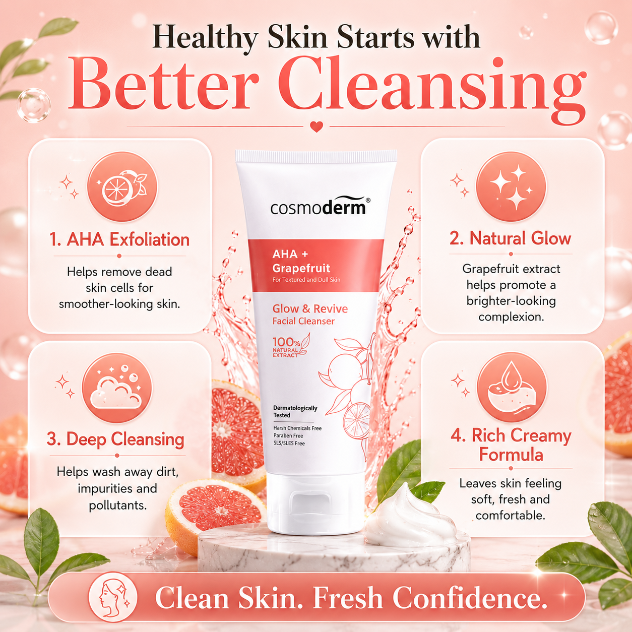Cosmoderm AHA + Grapefruit Glow & Revive Facial Cleanser 100mL