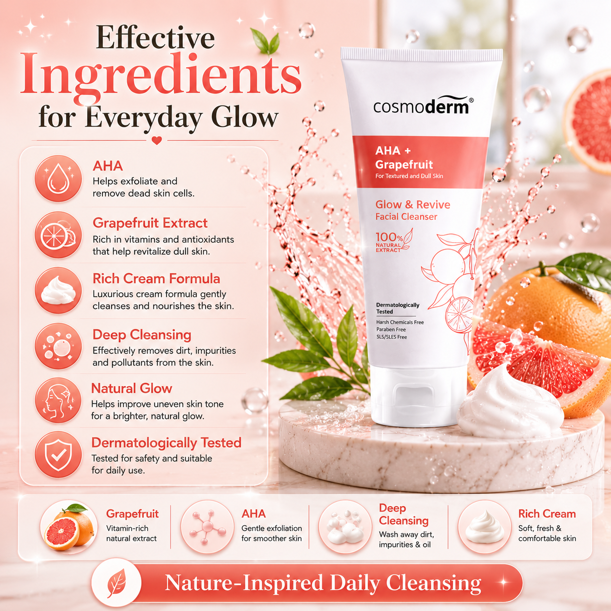 Cosmoderm AHA + Grapefruit Glow & Revive Facial Cleanser 100mL