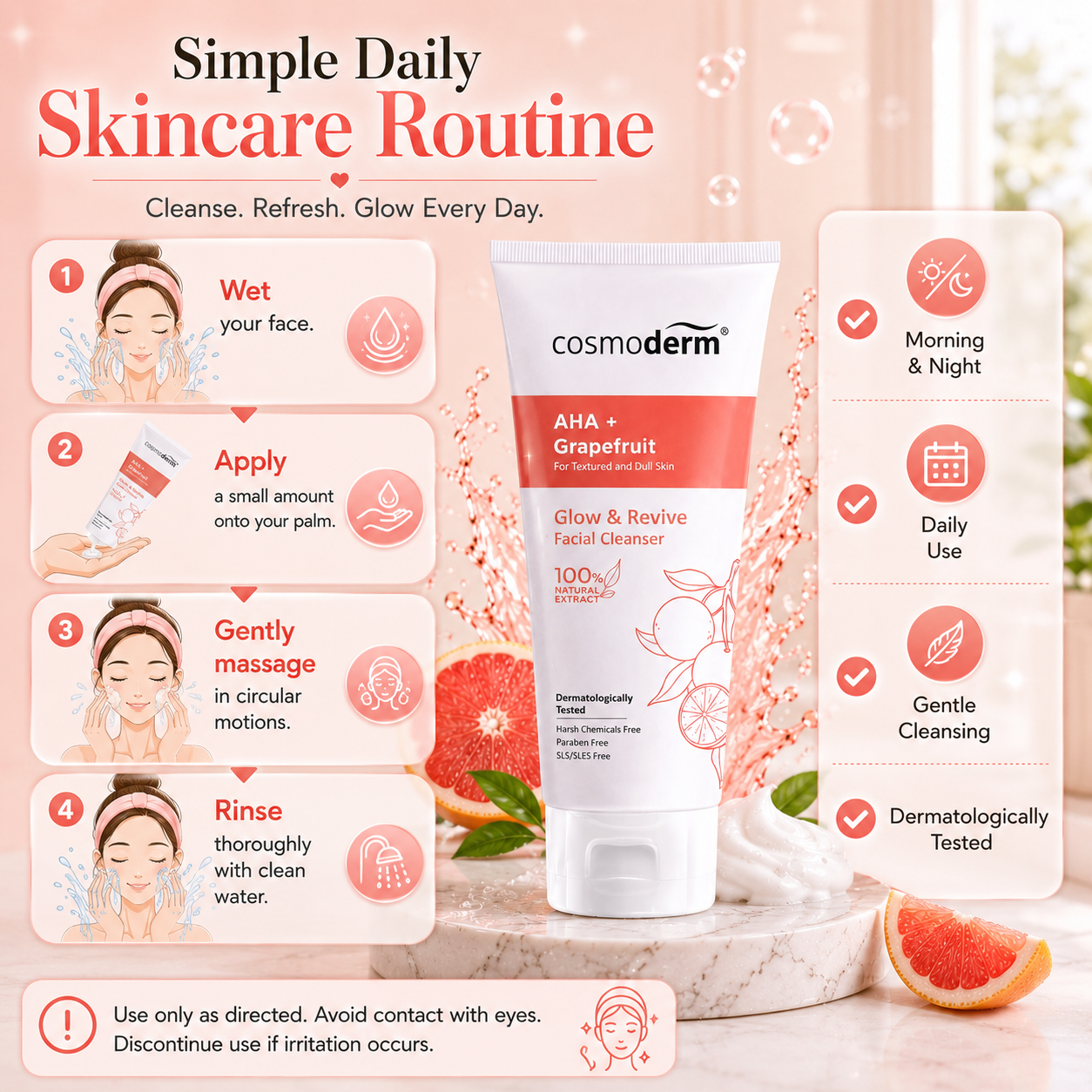 Cosmoderm AHA + Grapefruit Glow & Revive Facial Cleanser 100mL