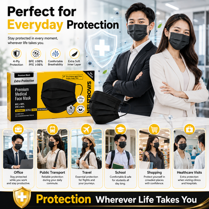 NEUTROVIS Premium Black Medical Face Mask (50 Pieces) | Adult | 4-Ply Earloop | BFE ≥98% | PFE ≥98% | EN14683 Type IIR