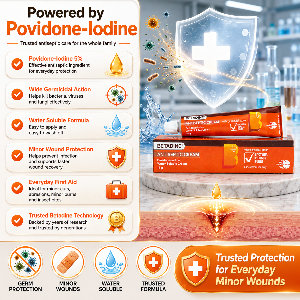 Betadine® Antiseptic Cream 15g | Povidone-Iodine 5% w/w | Water Soluble | First Aid Antiseptic Cream