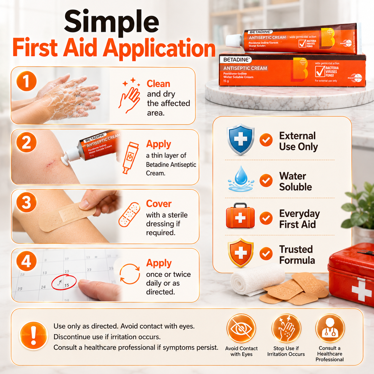 Betadine® Antiseptic Cream 15g | Povidone-Iodine 5% w/w | Water Soluble | First Aid Antiseptic Cream