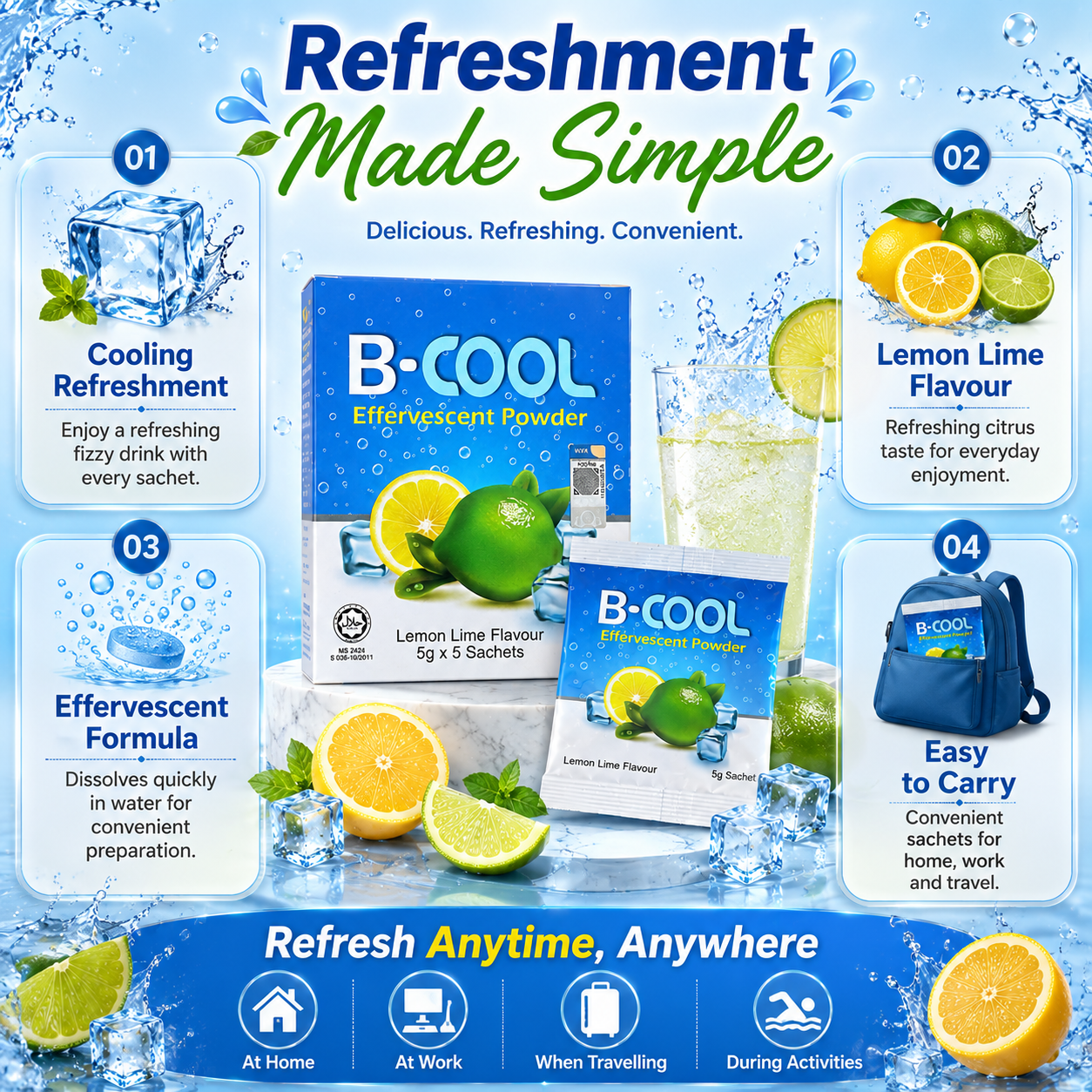 B-COOL Effervescent Powder Lemon Lime 5g x 5 Sachets | Instant Cooling Drink