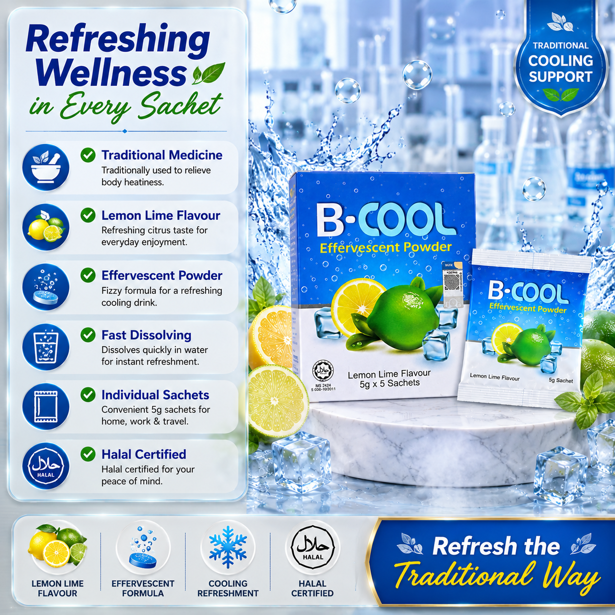 B-COOL Effervescent Powder Lemon Lime 5g x 5 Sachets | Instant Cooling Drink