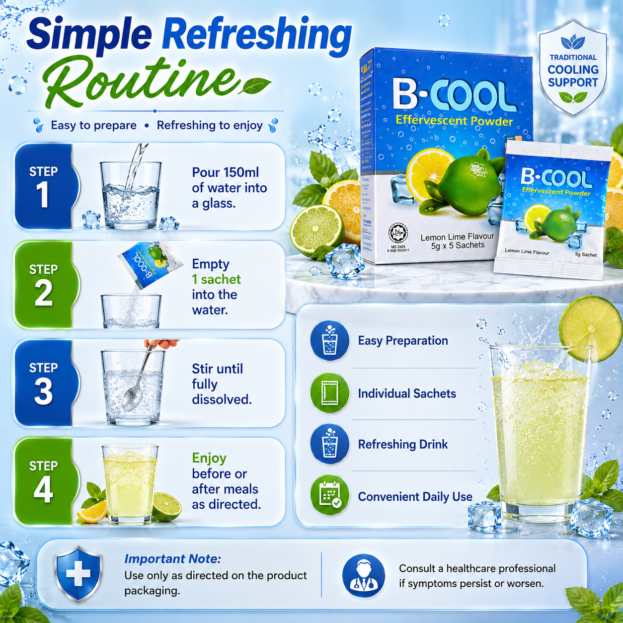 B-COOL Effervescent Powder Lemon Lime 5g x 5 Sachets | Instant Cooling Drink
