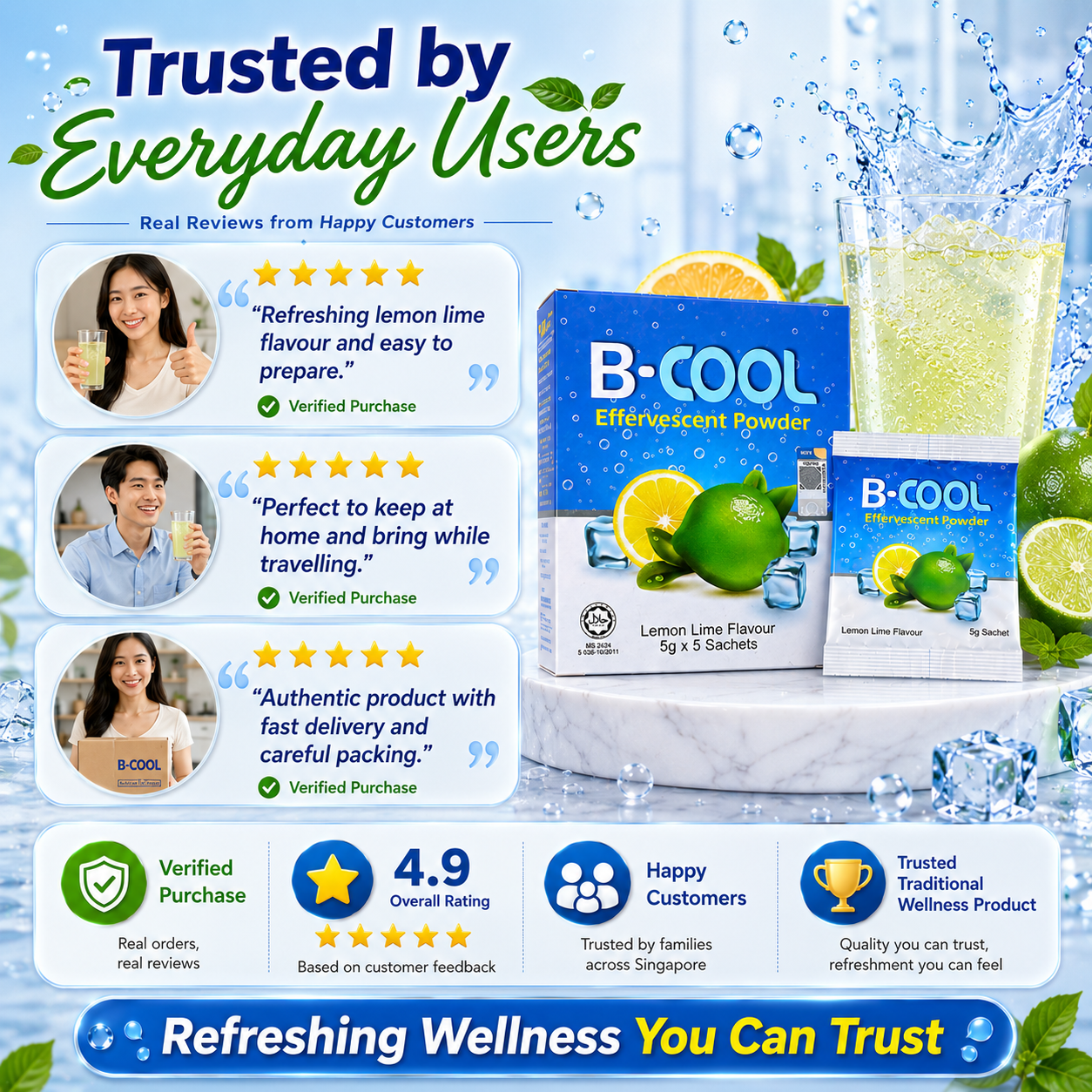 B-COOL Effervescent Powder Lemon Lime 5g x 5 Sachets | Instant Cooling Drink