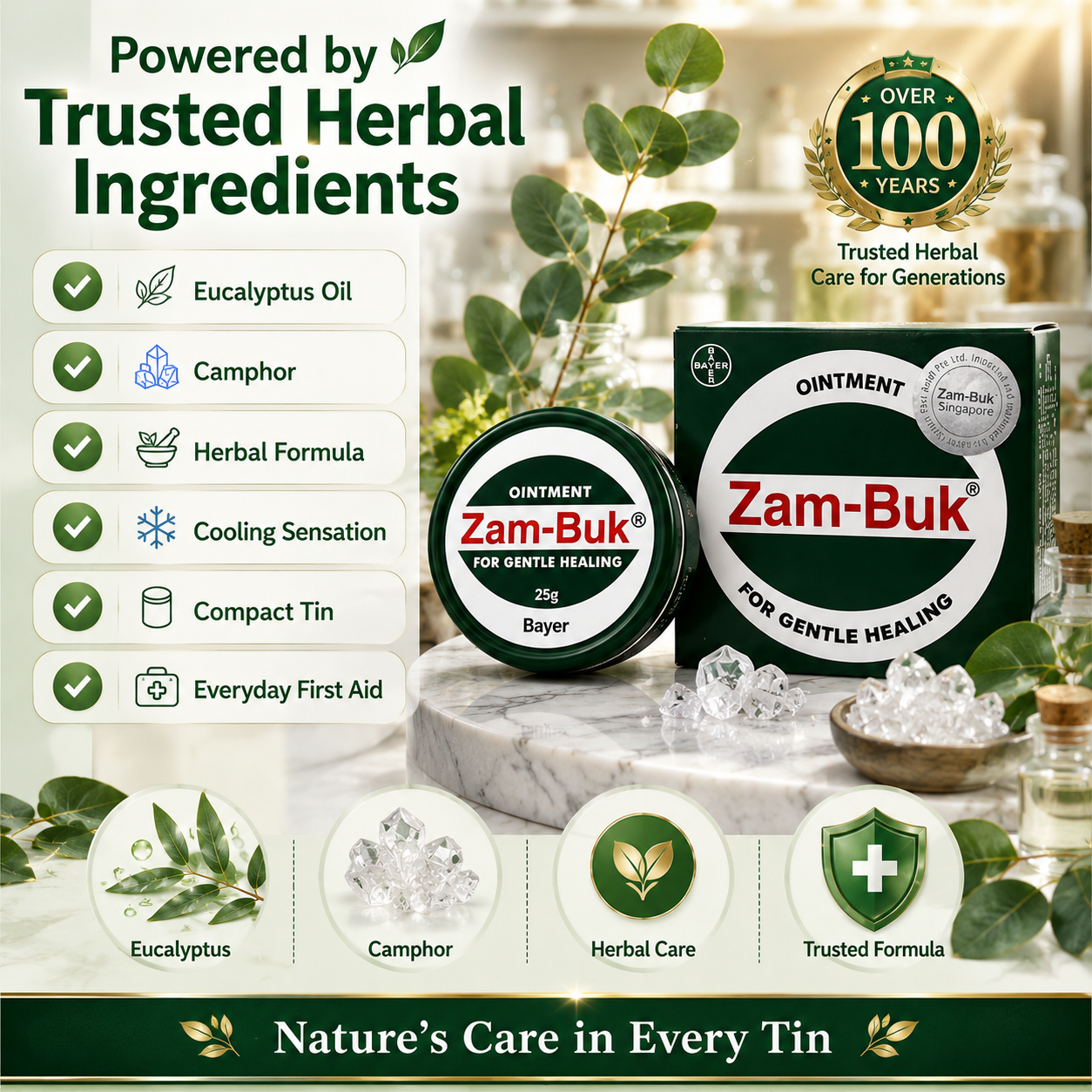 Zam-Buk® Medicated Ointment | Herbal Balm for Temporary Relief of Minor Burns, Insect Bites, Bruises & Chapped Hands | 25g
