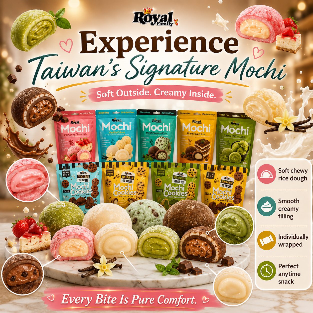 Royal Family Mochi & Mochi Cookies | Imported from Taiwan | Gluten-Free | Soft & Chewy | Individually Wrapped | Assorted Flavours