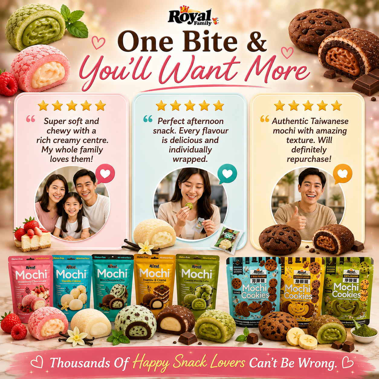 Royal Family Mochi & Mochi Cookies | Imported from Taiwan | Gluten-Free | Soft & Chewy | Individually Wrapped | Assorted Flavours