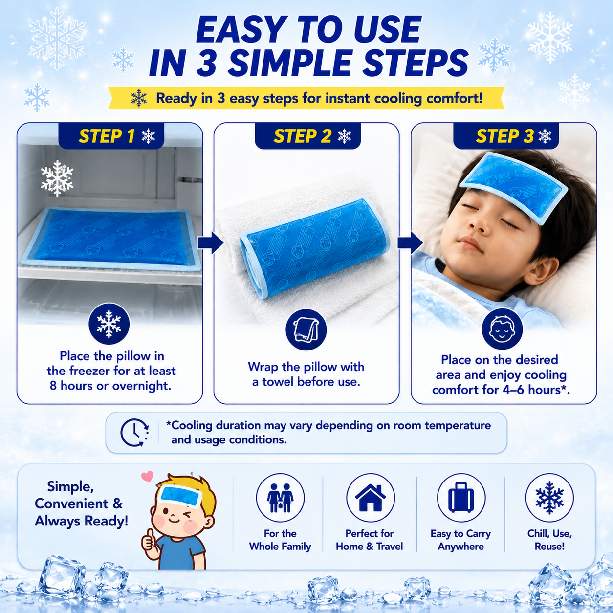 Kool Fever Soft Cooling Gel Pillow (Reusable) | Up To 6 Hours | Cooling Comfort for Fever, Headache & Hot Weather