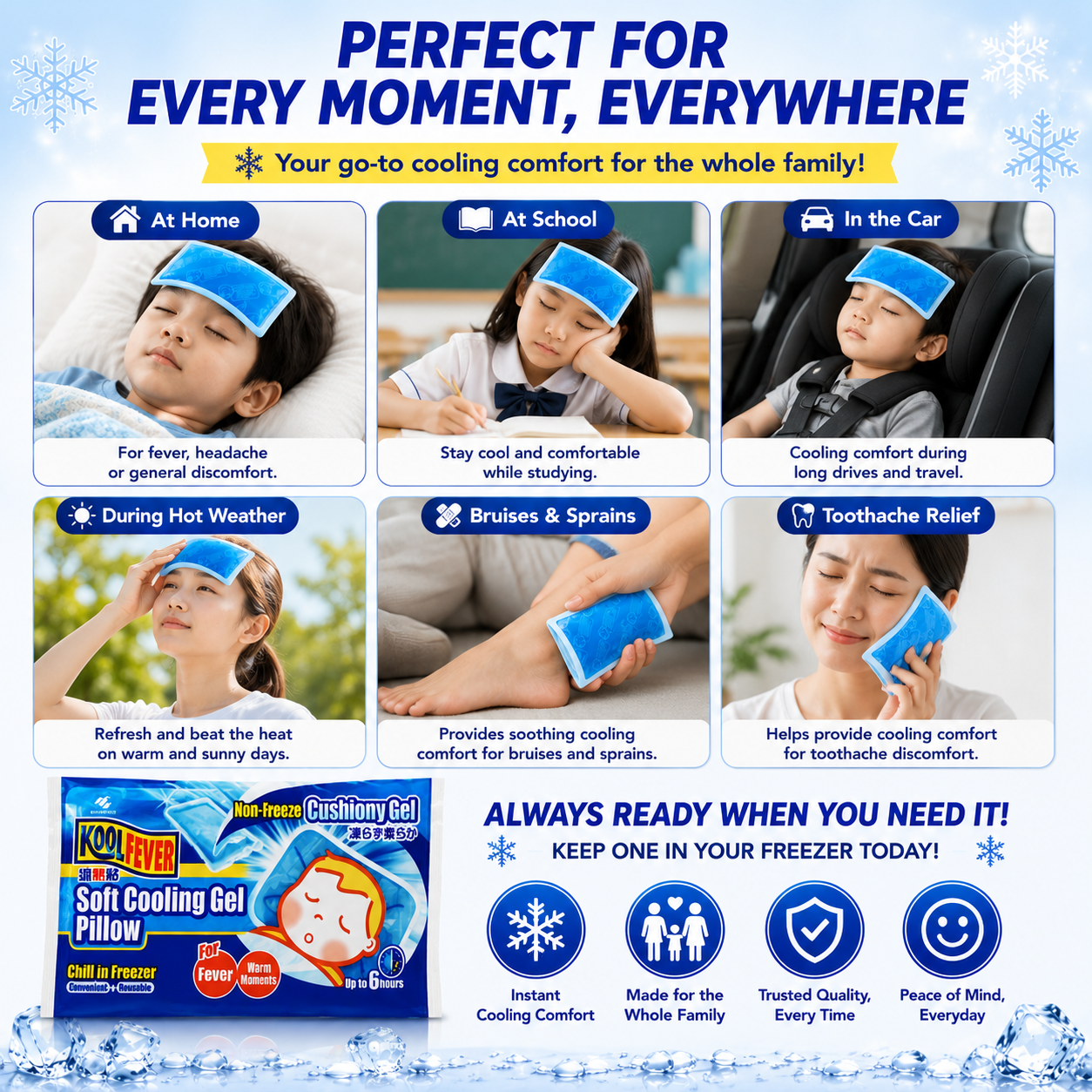 Kool Fever Soft Cooling Gel Pillow (Reusable) | Up To 6 Hours | Cooling Comfort for Fever, Headache & Hot Weather