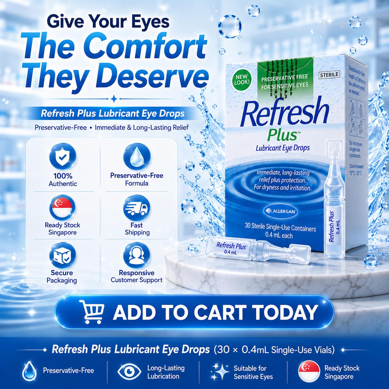 Refresh Plus Lubricant Eye Drops (30 Sterile Single-Use Containers × 0.4mL)